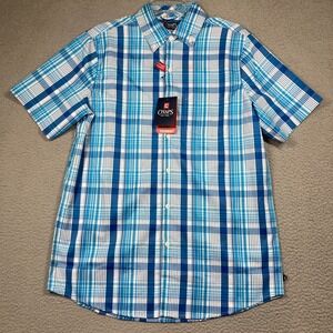 Chaps Everyday Performance Shirt Men's Medium Blue‎ Plaid UPF 30 Button Up FLAW